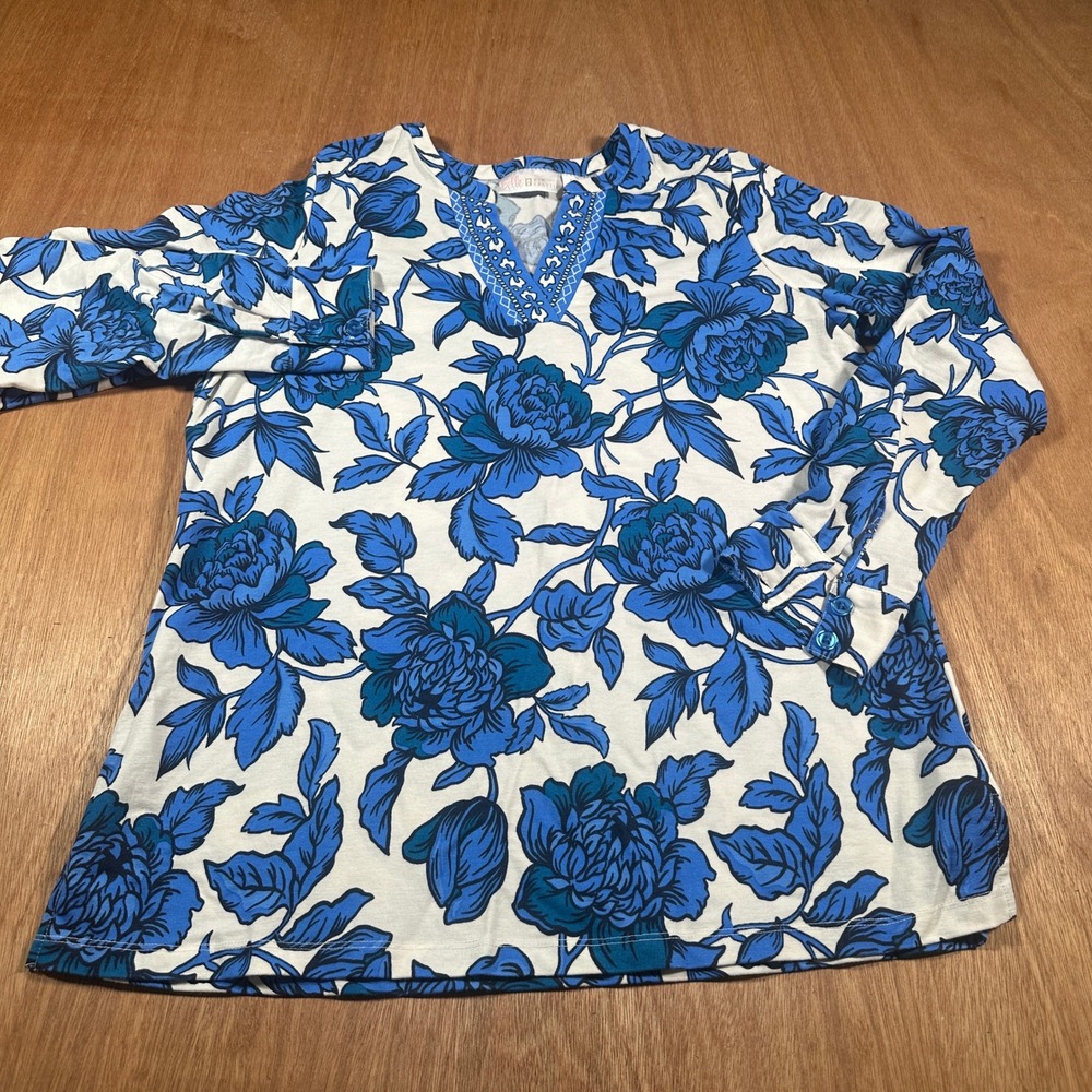 Belle by Kim Gravel Blue Floral Knit Top Women's Large Split Neck 3/4 Sleeve